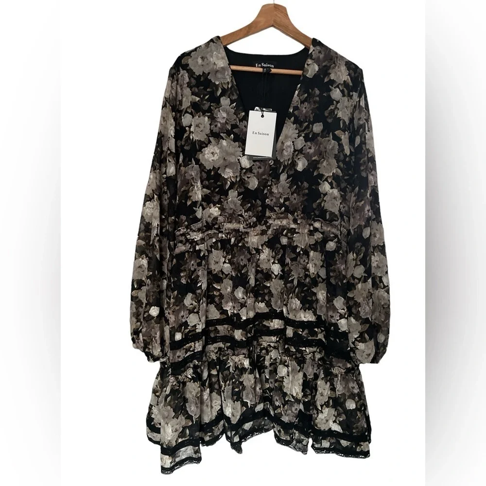 En Saison Babydoll Dress Rena Floral Print Boho Long sleeves Mini Chiffon 1X